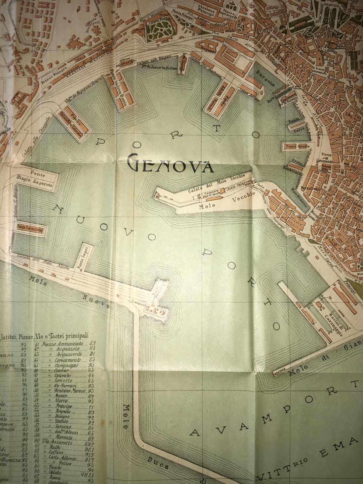 Genova: Antica Mappa Topografica E Stradario Cittadino Con Palazzi, Chiese, Teatri E Porto