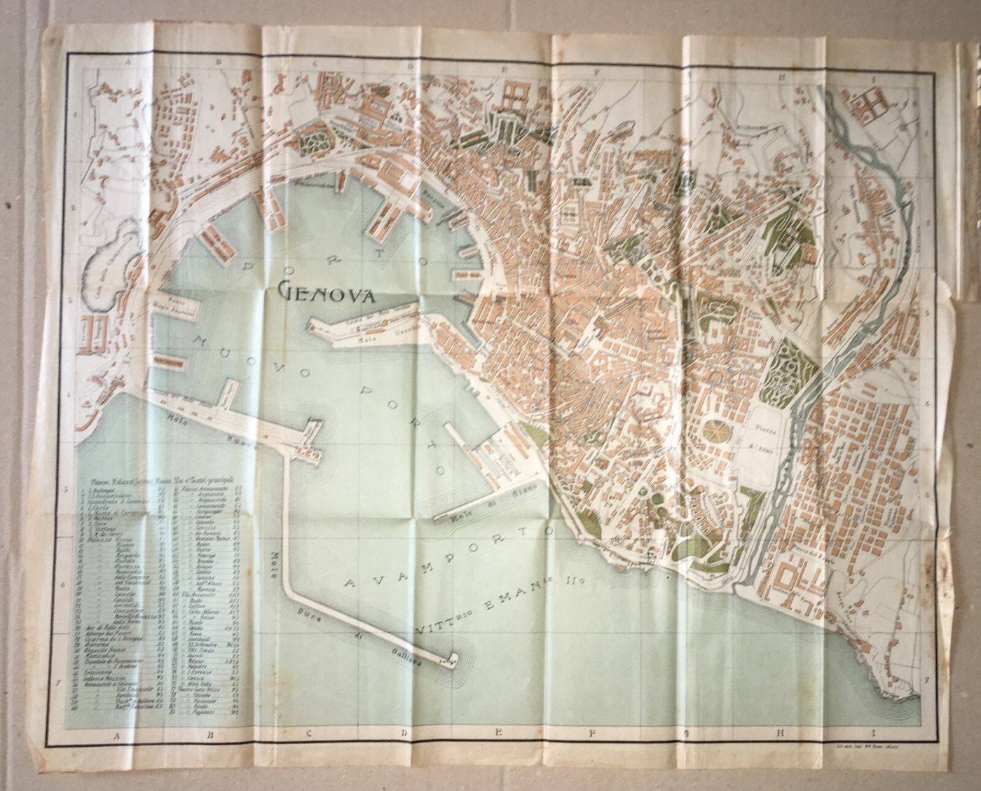 Genova: Antica Mappa Topografica E Stradario Cittadino Con Palazzi, Chiese, Teatri E Porto