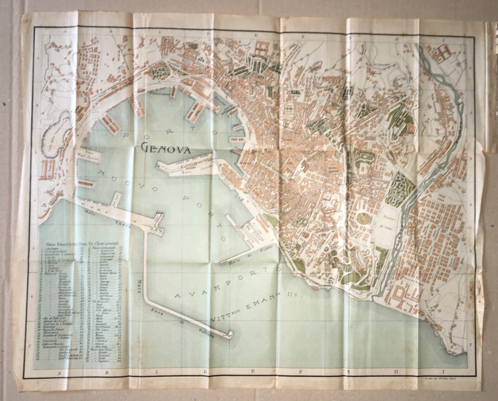 Genova: Antica Mappa Topografica E Stradario Cittadino Con Palazzi, Chiese, Teatri E Porto