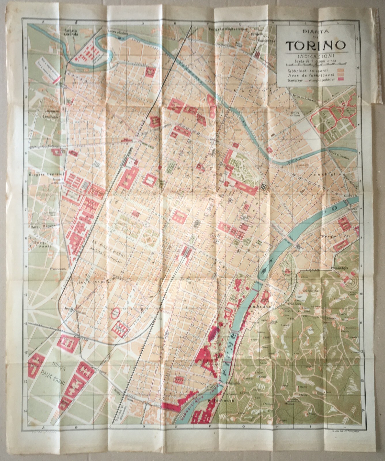 Torino: Antica Mappa Topografica, Stradario Cittadino, Palazzi, Chiese, Ospedali, 1910 Circa