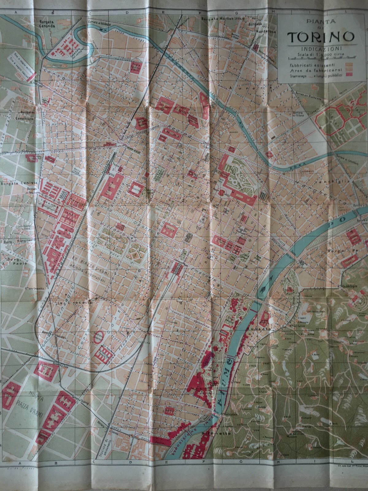 Torino: Antica Mappa Topografica, Stradario Cittadino, Palazzi, Chiese, Ospedali, 1910 Circa
