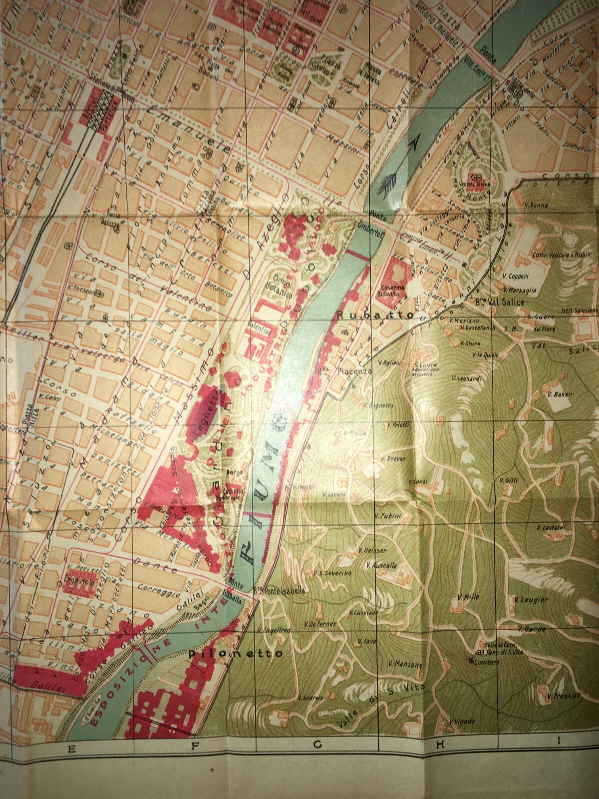 Torino: Antica Mappa Topografica, Stradario Cittadino, Palazzi, Chiese, Ospedali, 1910 Circa