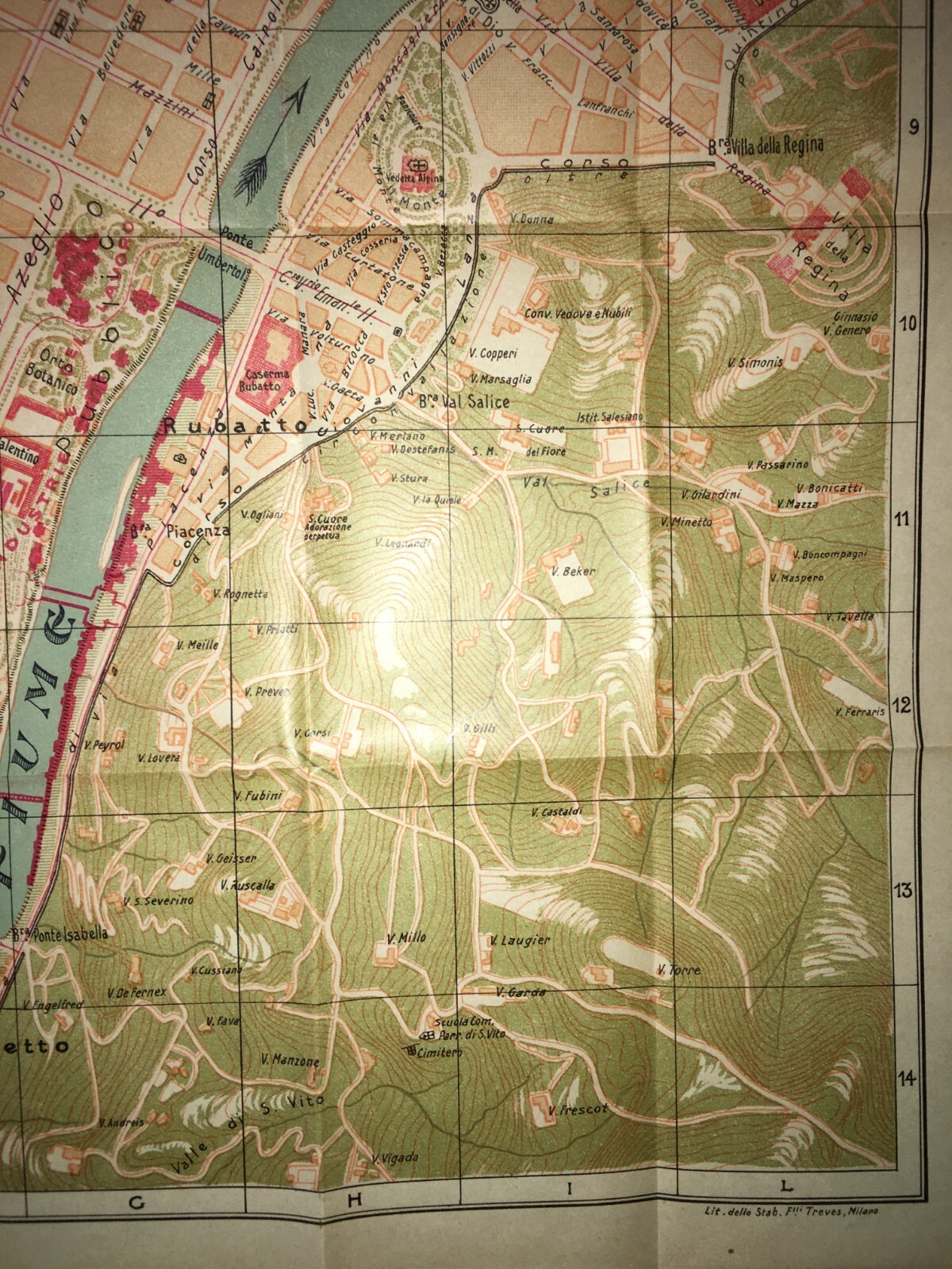 Torino: Antica Mappa Topografica, Stradario Cittadino, Palazzi, Chiese, Ospedali, 1910 Circa