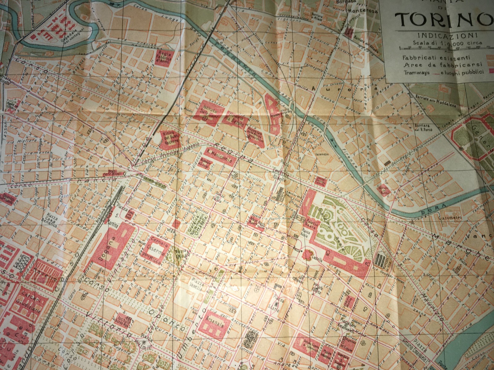 Torino: Antica Mappa Topografica, Stradario Cittadino, Palazzi, Chiese, Ospedali, 1910 Circa