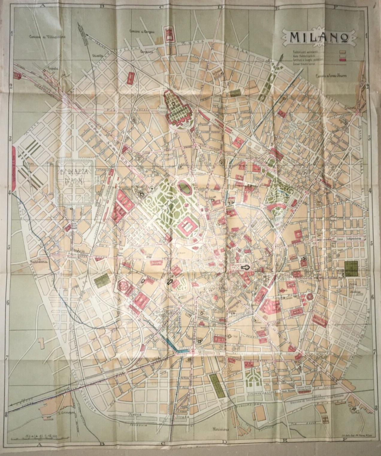 Milano: Antica Mappa Topografica, Stradario Cittadino E Giardini