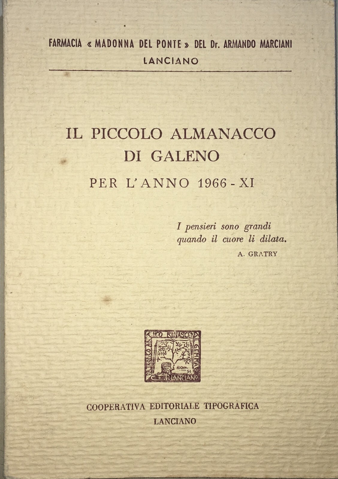 Abruzzo: Lanciano, Farmacia Marciani, Almanacco Per Il 1966, Pescocostanzo E Folklore