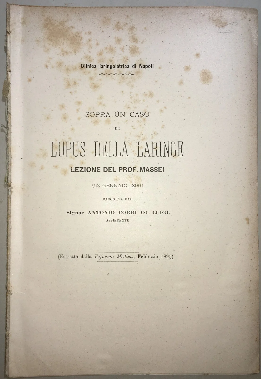Medicine, Otorhinolaryngology: Lupus of the Larynx. Massei, Corbi. Naples, 1890