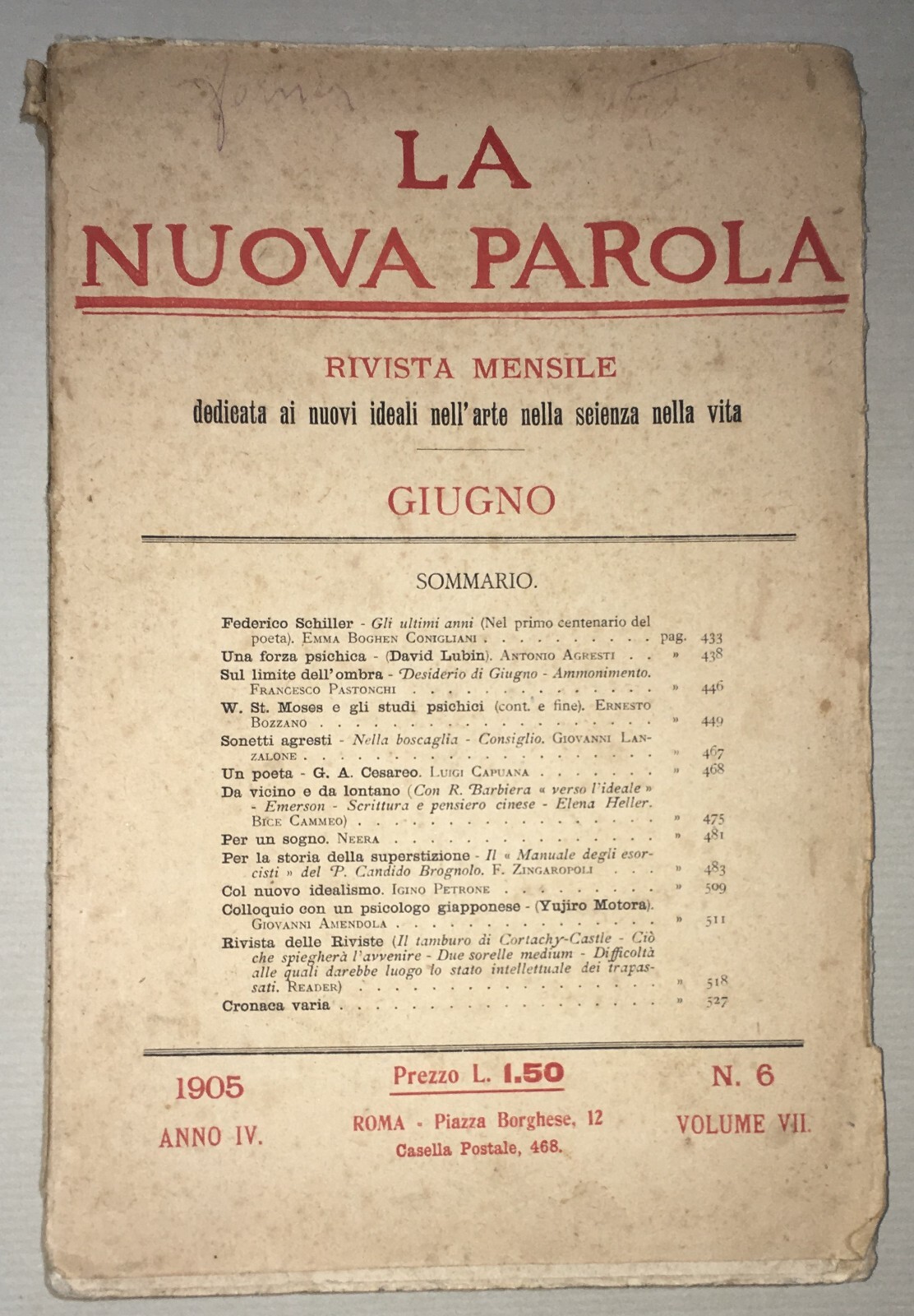 La Nuova Parola: Rivista Culturale   Superstizione, Esorcisti   Bozzano, Capuana