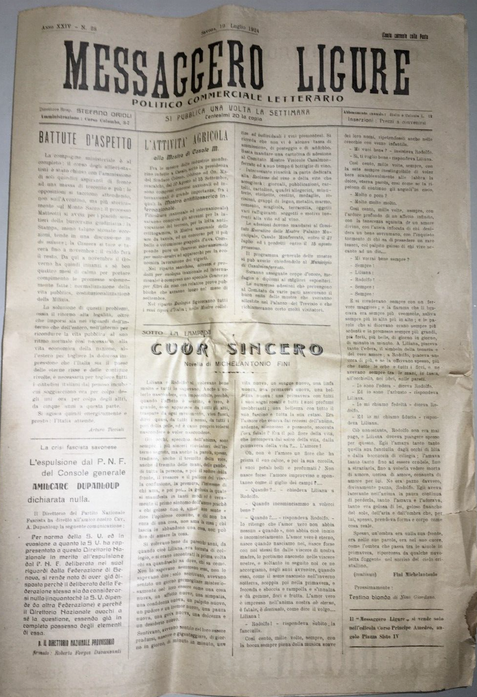 Messaggero Ligure Savona, Stefano Orioli, Fascismo, Teatro E Cinema Giornale 1924