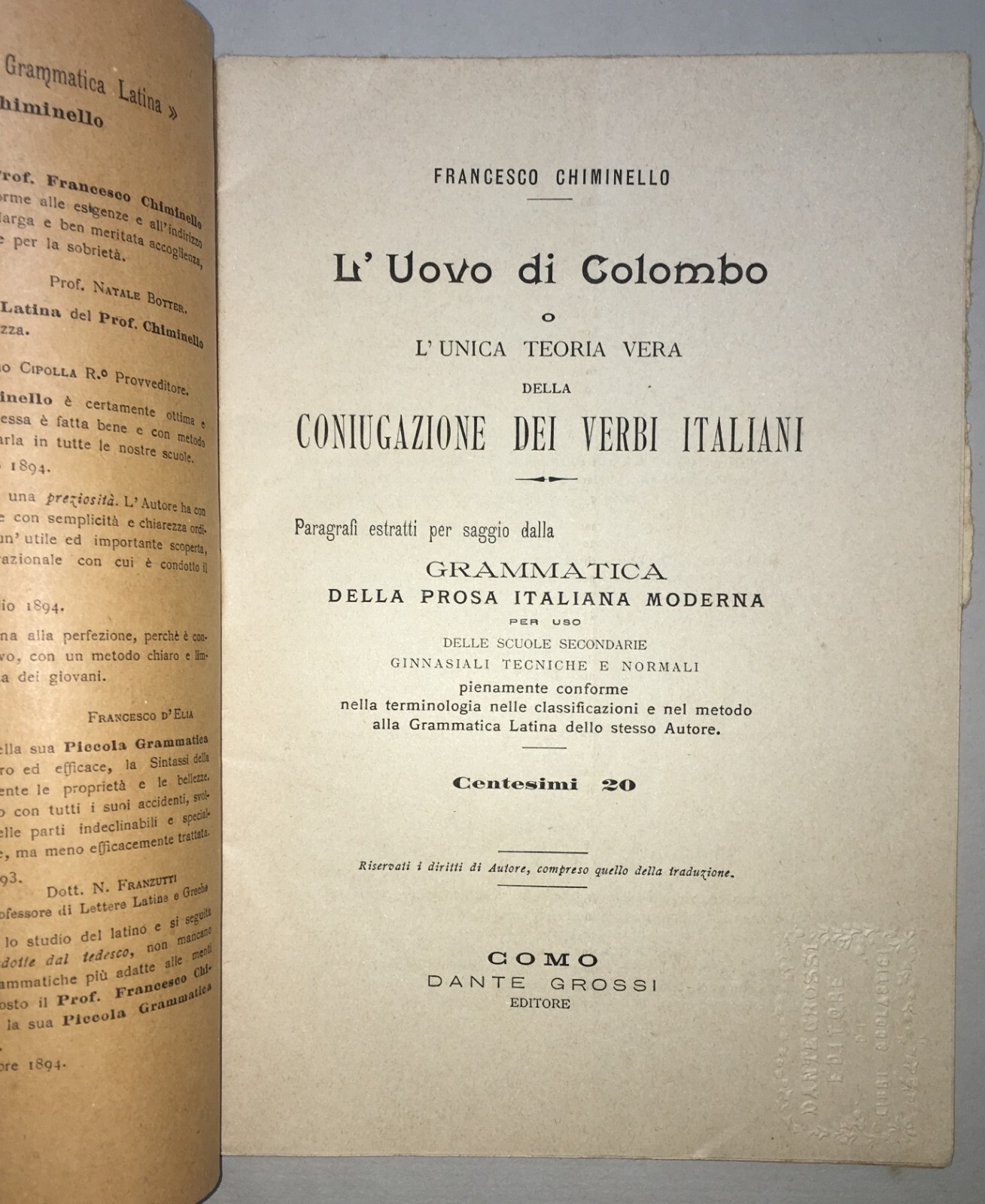 Pedagogia, Scuola E Grammatica: Verbi Italiani   Chiminello   Como   Editore Grossi   1896