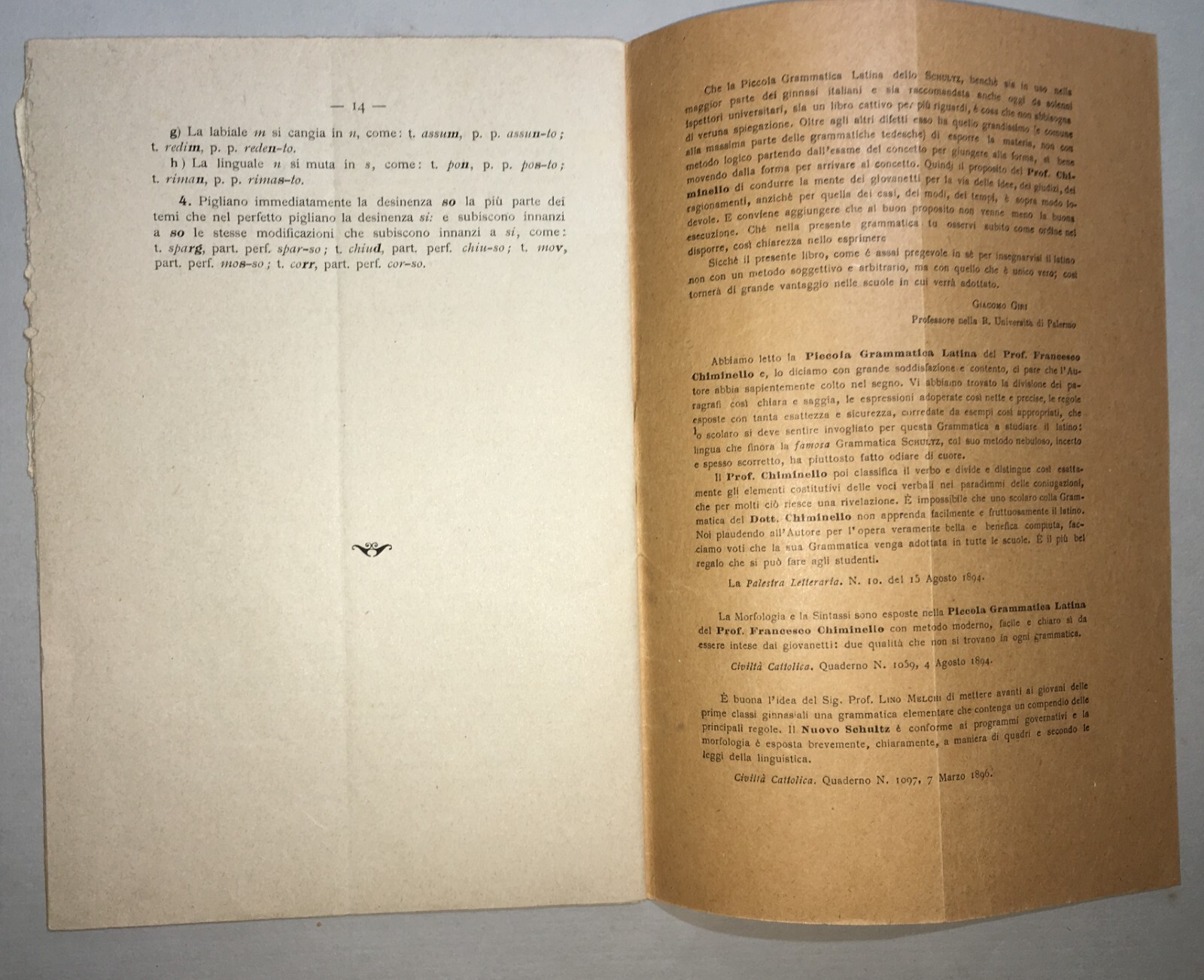 Pedagogia, Scuola E Grammatica: Verbi Italiani   Chiminello   Como   Editore Grossi   1896