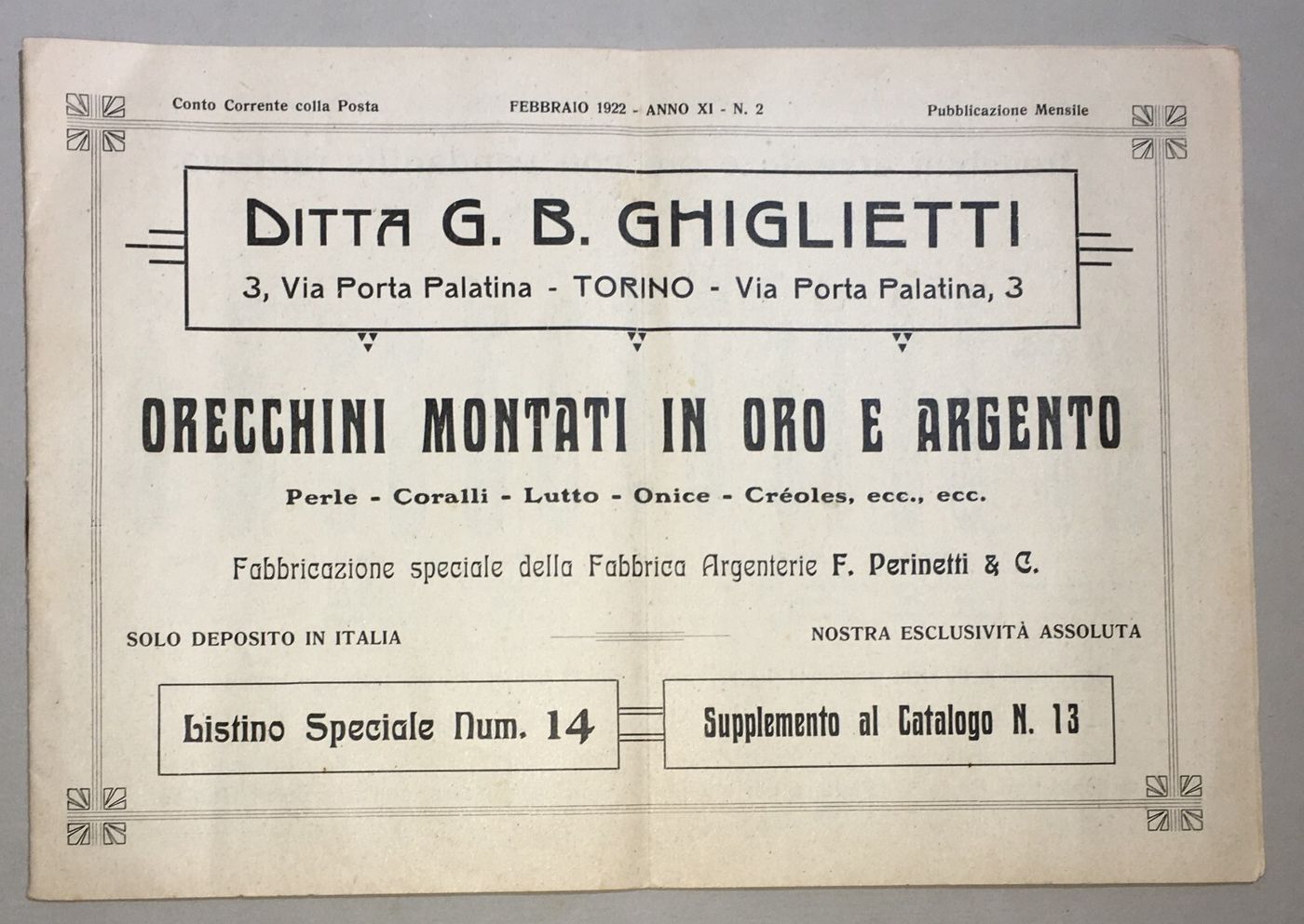 Oreficeria, Argenteria: Catalogo Pubblicitario Ghiglietti Perinetti, Torino, 1922