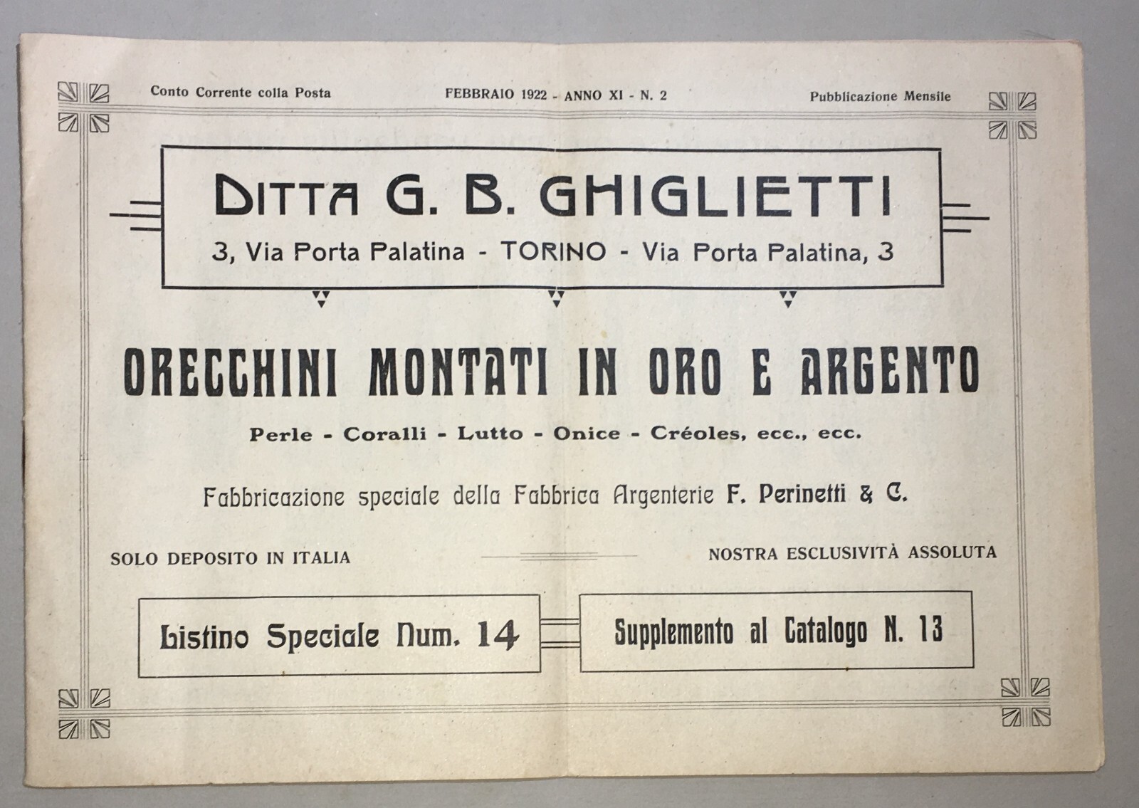 Oreficeria, Argenteria: Catalogo Pubblicitario Ghiglietti Perinetti, Torino, 1922