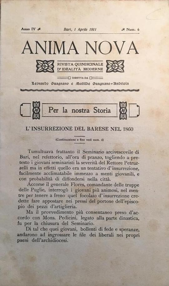 Puglia   Bari   Risorgimento   Insurrezione Barese   Roppo   Anima Nova   1911