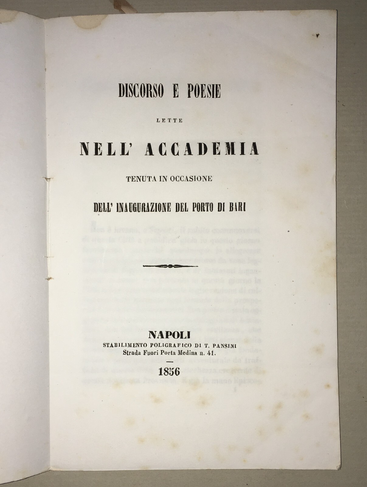 Puglia, Bari. Inaugurazione Del Porto: Discorsi E Poesie (1856)