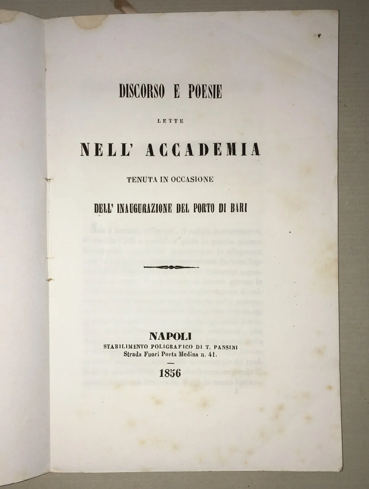 Puglia, Bari. Inauguration of the Port: Speeches and Poems (1856)