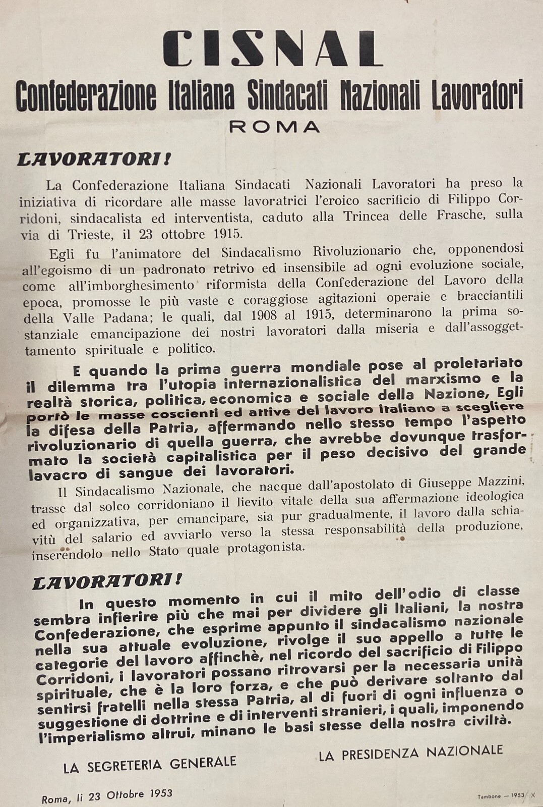 Politica, Economia, Sindacalismo Rivoluzionario: Filippo Corridoni, Manifesto d'Epoca Cisnal