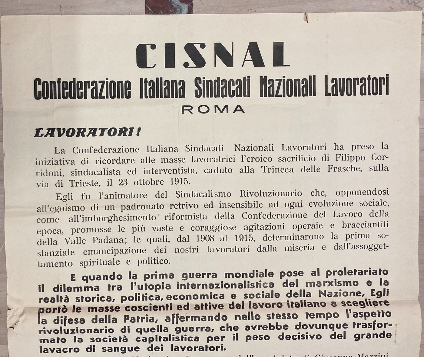 Politica, Economia, Sindacalismo Rivoluzionario: Filippo Corridoni, Manifesto d'Epoca Cisnal