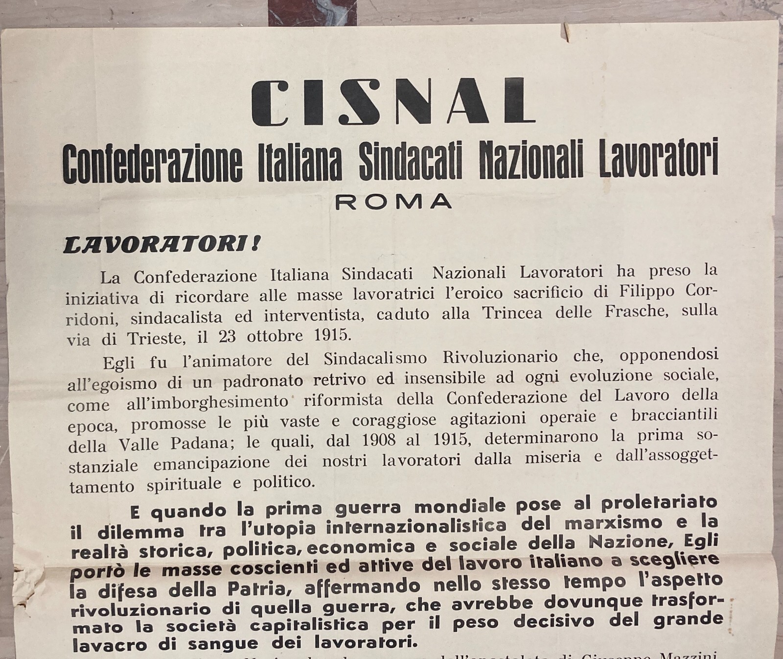 Politica, Economia, Sindacalismo Rivoluzionario: Filippo Corridoni, Manifesto d'Epoca Cisnal