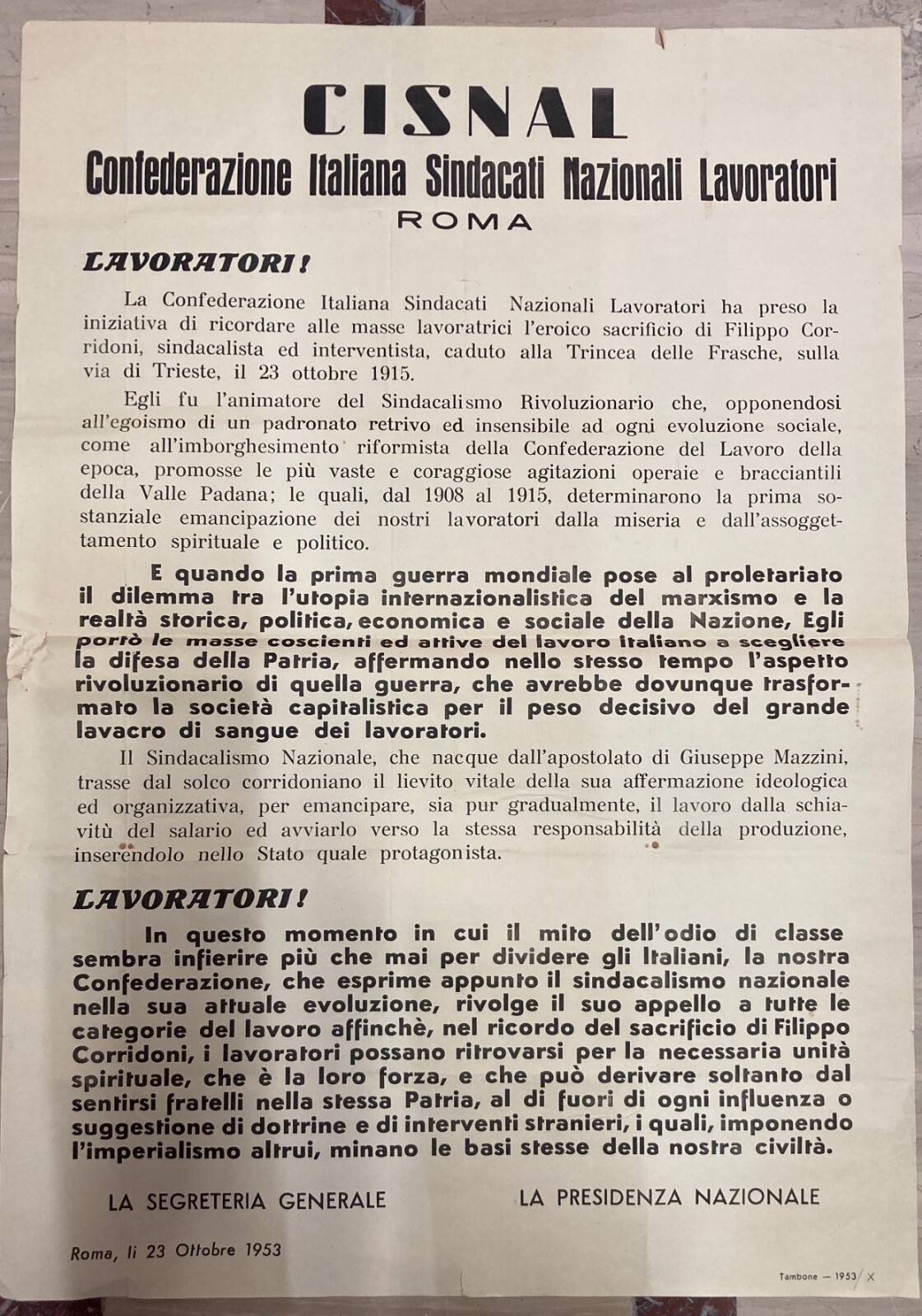 Politica, Economia, Sindacalismo Rivoluzionario: Filippo Corridoni, Manifesto d'Epoca Cisnal