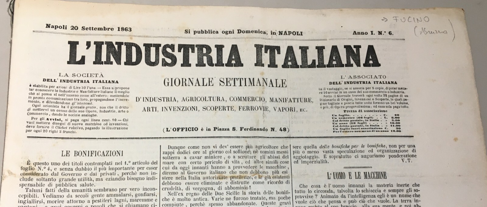 Economia, Industria Italiana, Napoli, Abruzzo E Bonifica Del Fucino (1863)