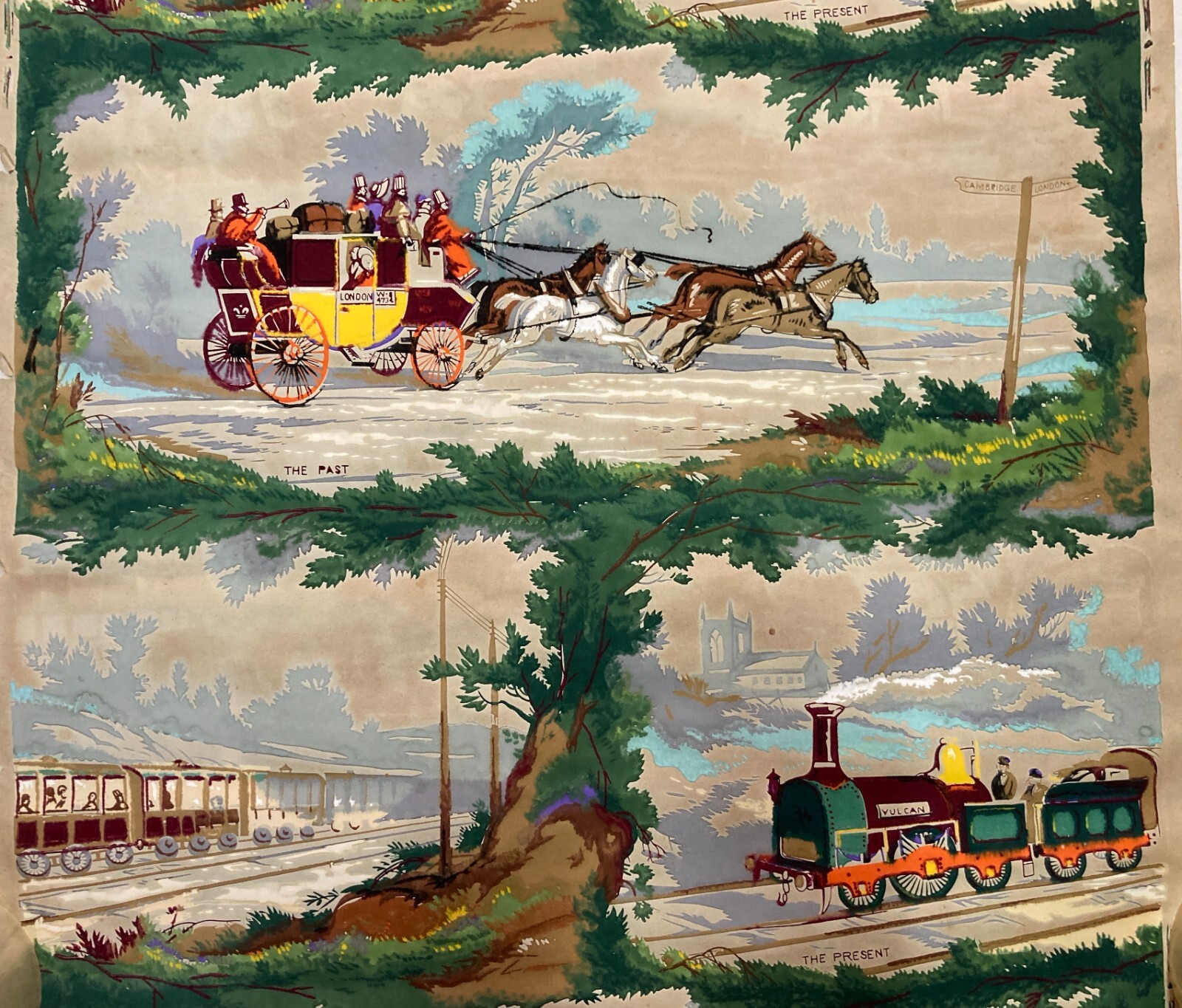 Arte E Decorazione: Trasporti E Locomozione. Frammento Di Carta Da Parati Pochoir