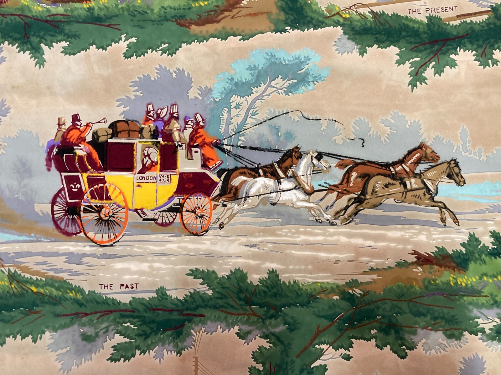 Arte E Decorazione: Trasporti E Locomozione. Frammento Di Carta Da Parati Pochoir