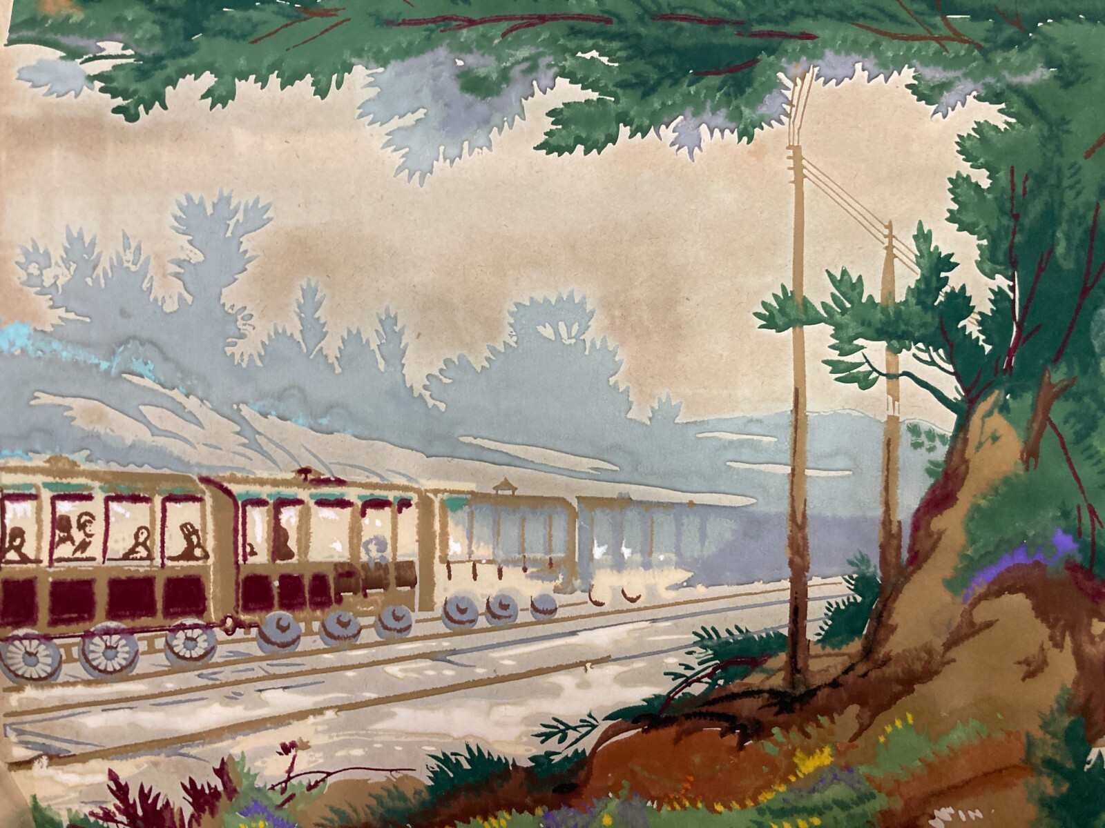 Arte E Decorazione: Trasporti E Locomozione. Frammento Di Carta Da Parati Pochoir