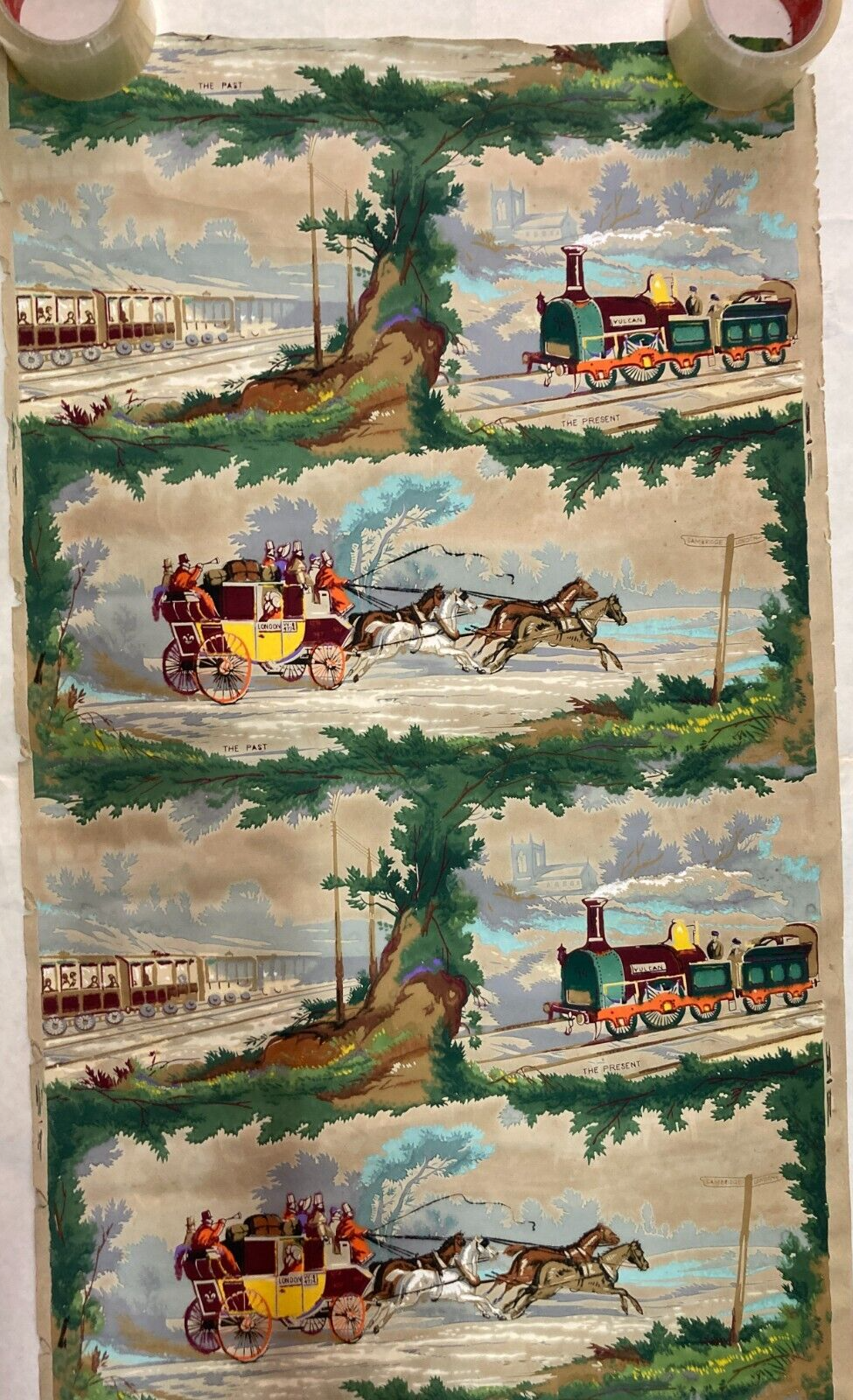 Arte E Decorazione: Trasporti E Locomozione. Frammento Di Carta Da Parati Pochoir