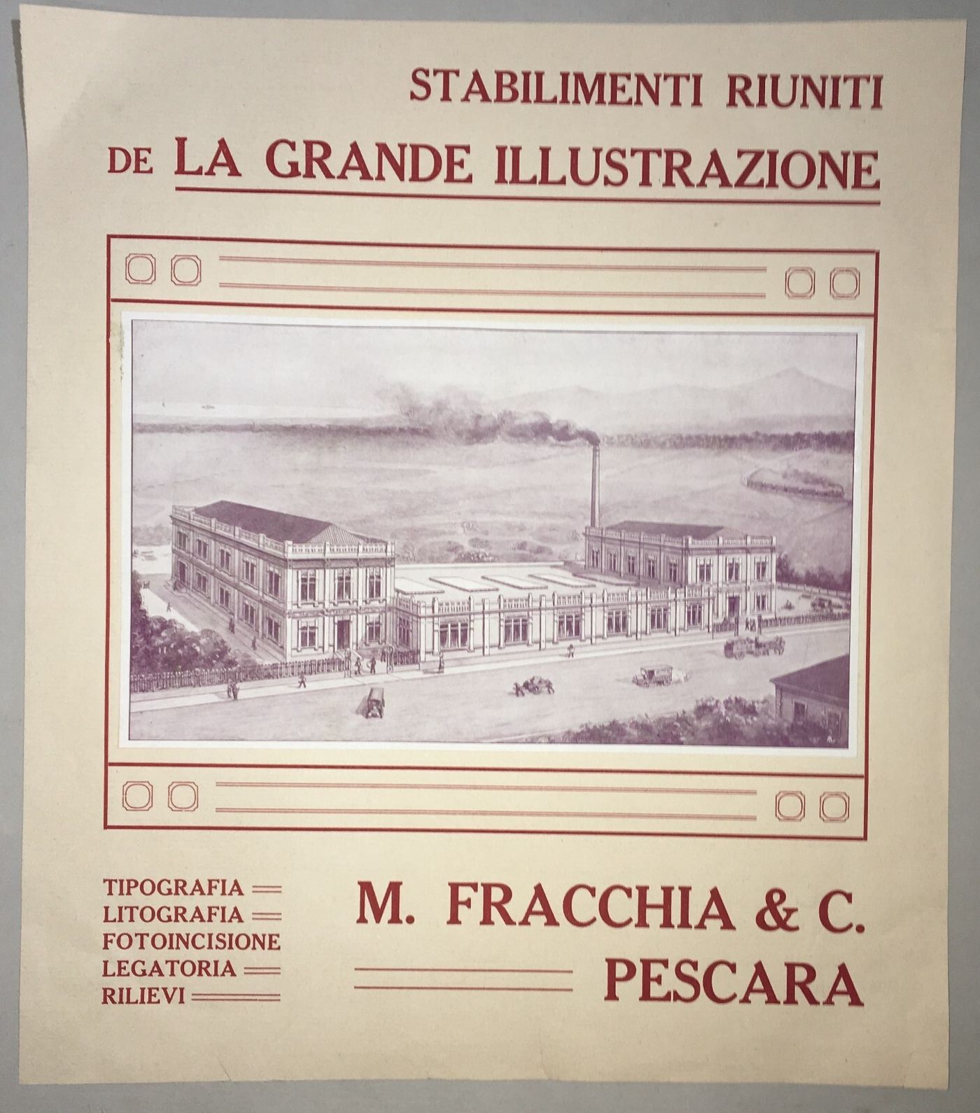 Abruzzo, Pescara. Antica Stampa Pubblicitaria Della Tipografia Fracchia. Veduta Animata Da Basilio Cascella