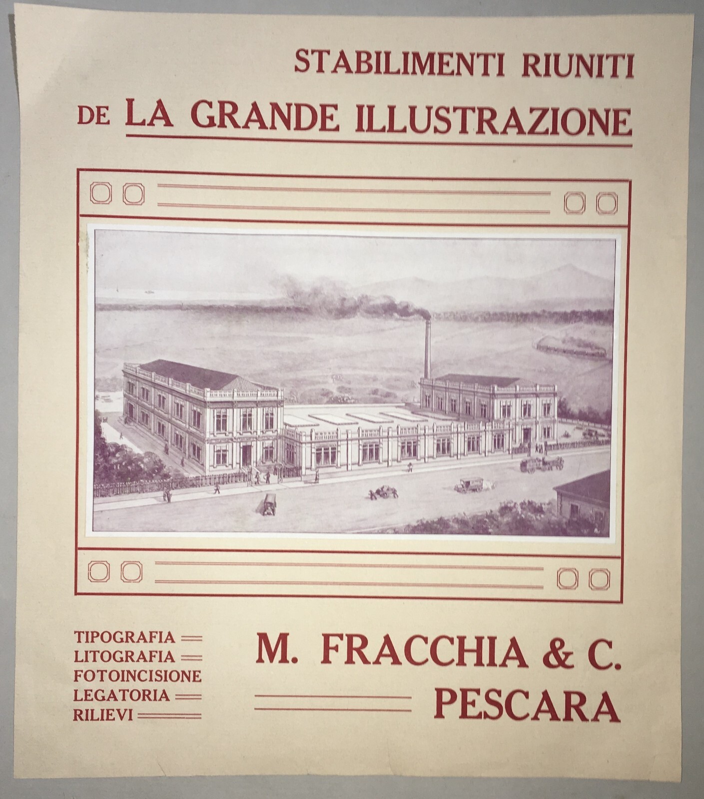Abruzzo, Pescara. Antica Stampa Pubblicitaria Della Tipografia Fracchia. Veduta Animata Da Basilio Cascella