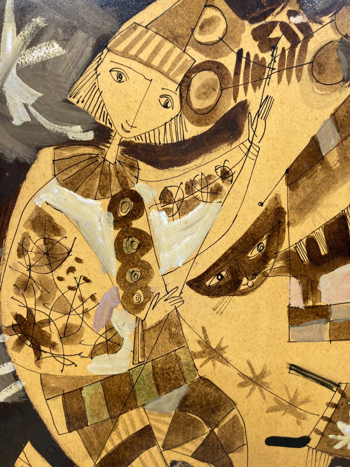 Scena Artistica Con Gatto E Figura Con Palloncini, Arlecchino E Maschere, Anni '60