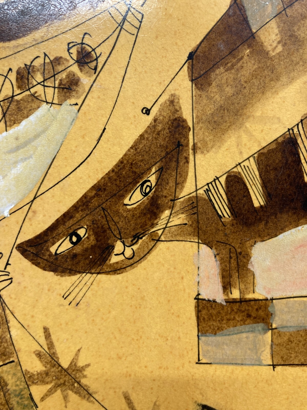 Scena Artistica Con Gatto E Figura Con Palloncini, Arlecchino E Maschere, Anni '60