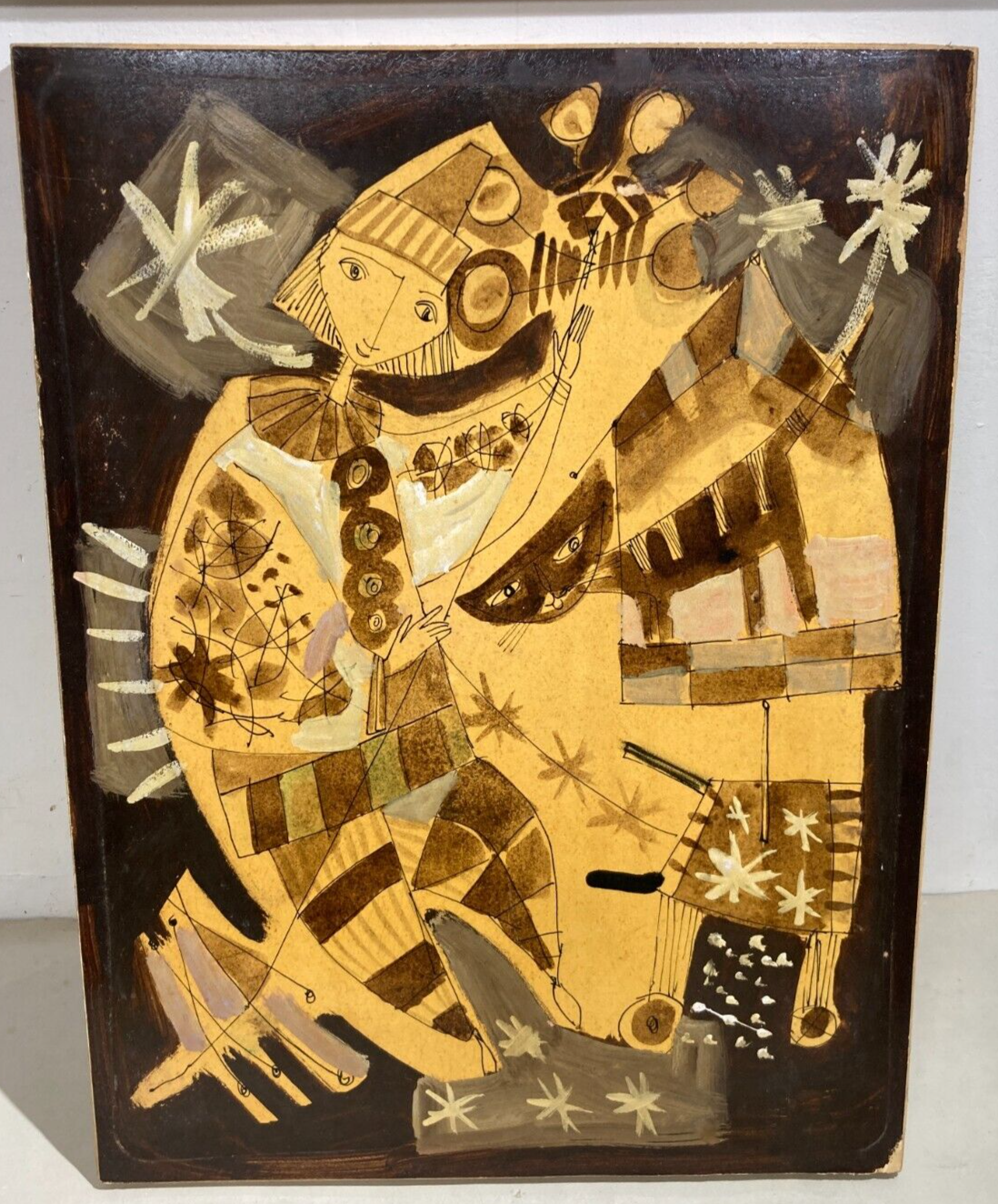 Scena Artistica Con Gatto E Figura Con Palloncini, Arlecchino E Maschere, Anni '60