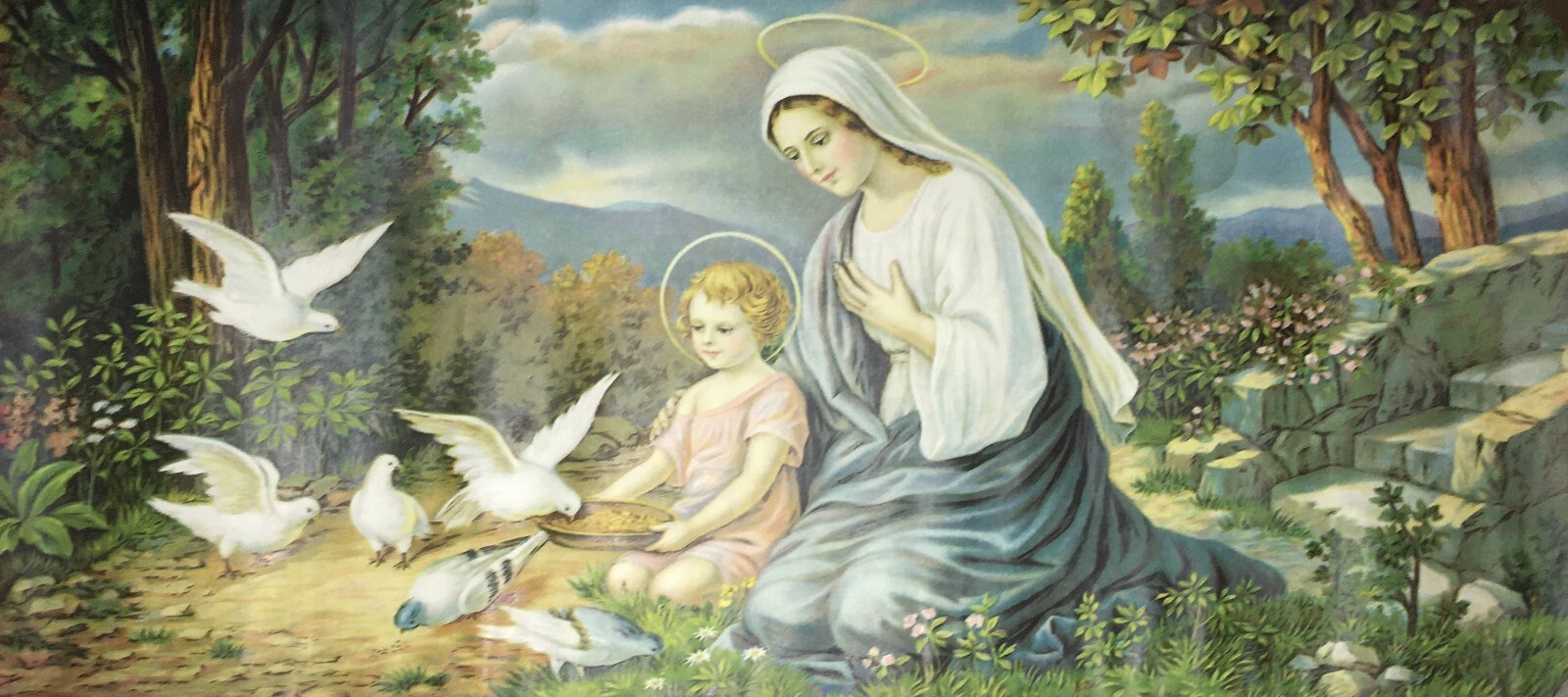 Madonna Con Bambino: Paesaggio Con Colombe. Cromolitografia d'Epoca Di Maldarelli, 1934