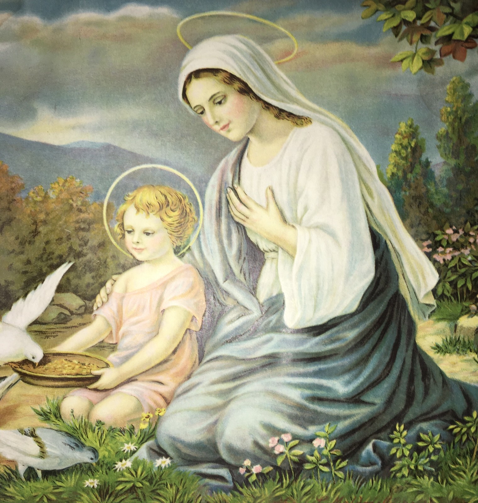 Madonna Con Bambino: Paesaggio Con Colombe. Cromolitografia d'Epoca Di Maldarelli, 1934
