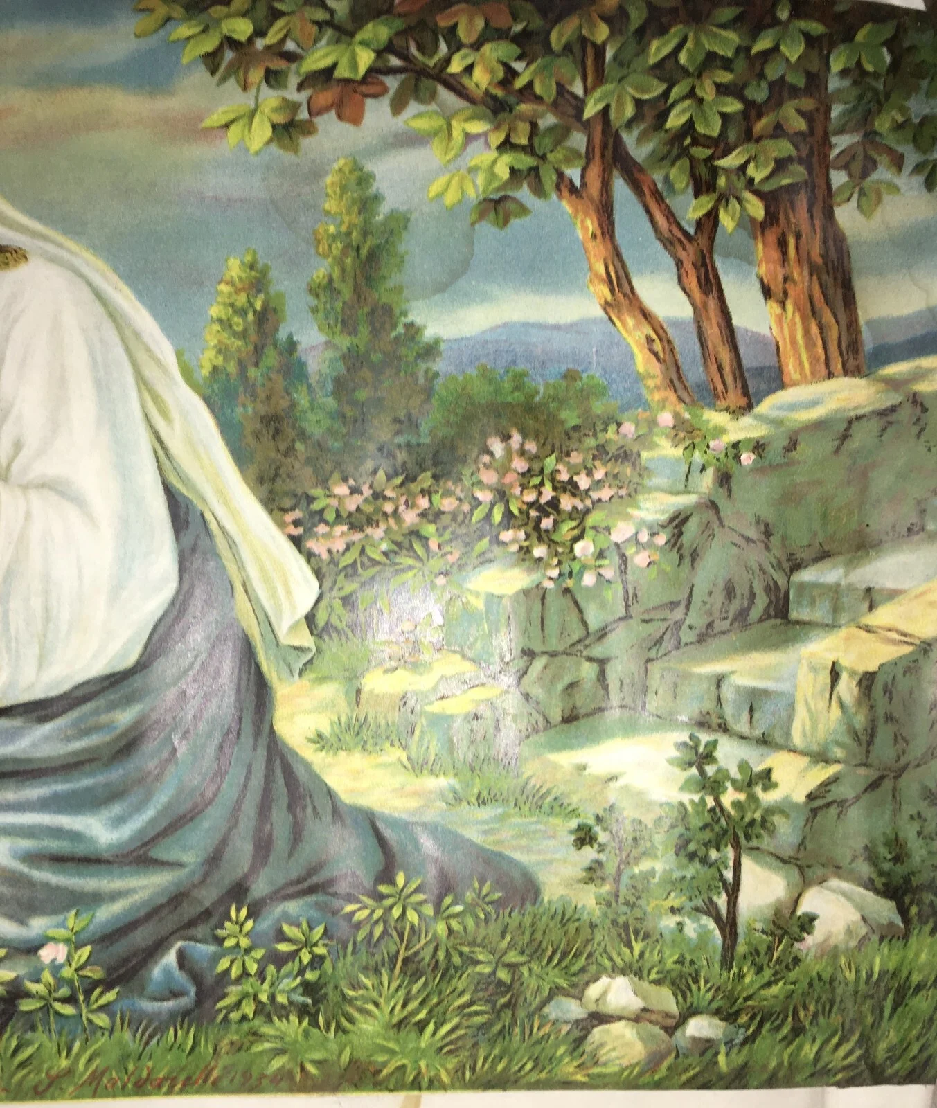 Madonna con Bambino: Paesaggio con Colombe. Cromolitografia d'epoca di Maldarelli, 1934