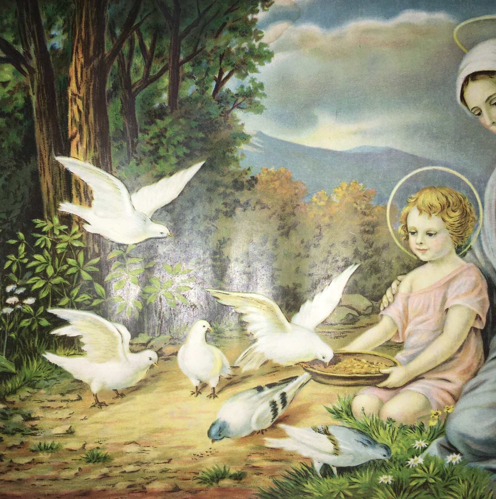 Madonna Con Bambino: Paesaggio Con Colombe. Cromolitografia d'Epoca Di Maldarelli, 1934
