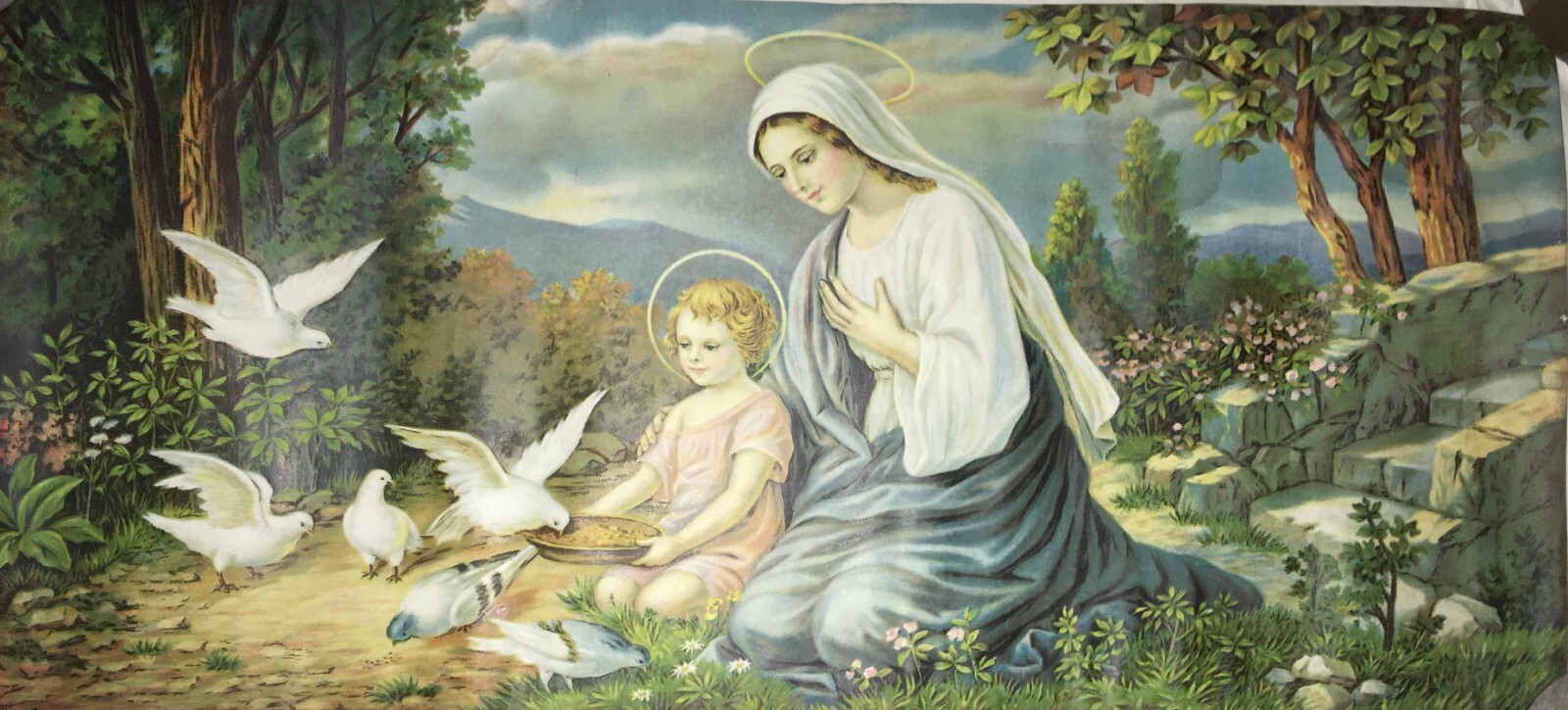 Madonna Con Bambino: Paesaggio Con Colombe. Cromolitografia d'Epoca Di Maldarelli, 1934