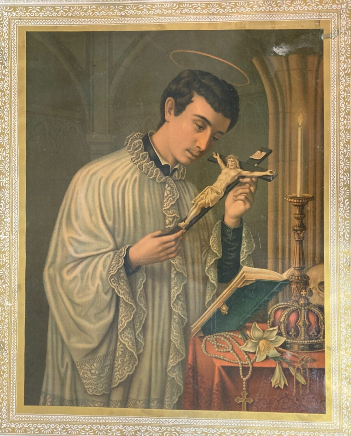 Antica Stampa Devozionale San Luigi Gonzaga Simboli Iconografici