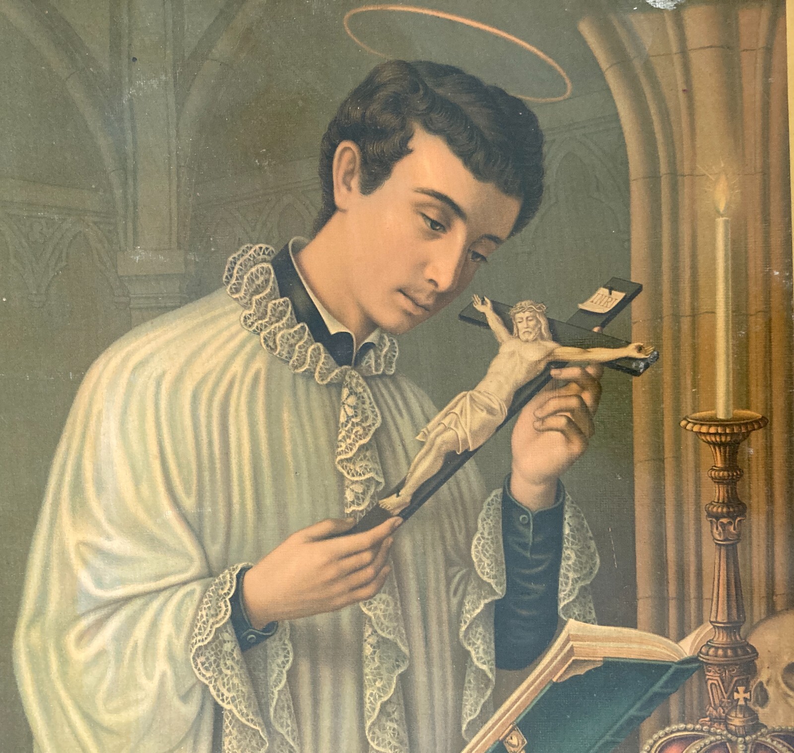 Antica Stampa Devozionale San Luigi Gonzaga Simboli Iconografici