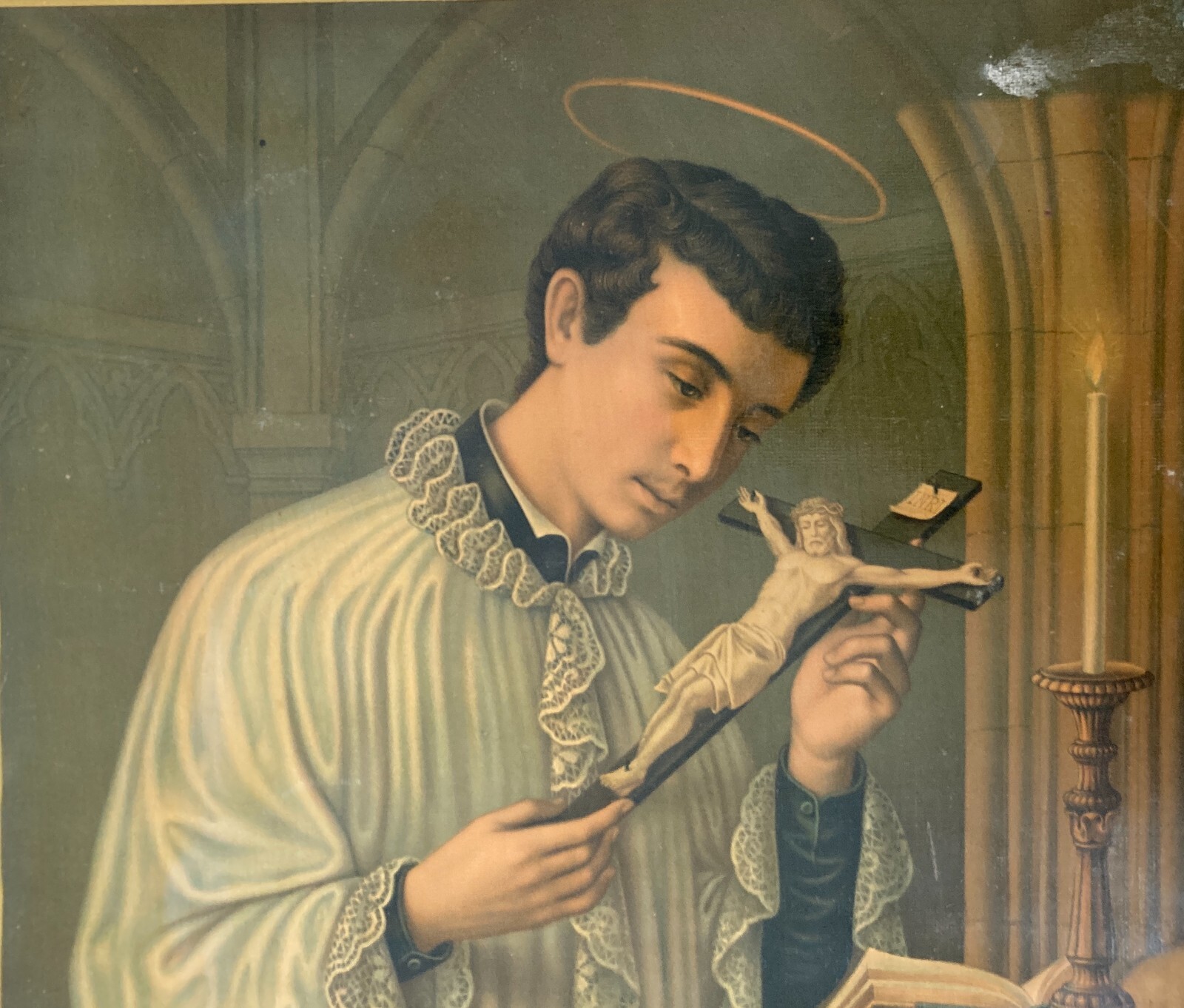 Antica Stampa Devozionale San Luigi Gonzaga Simboli Iconografici