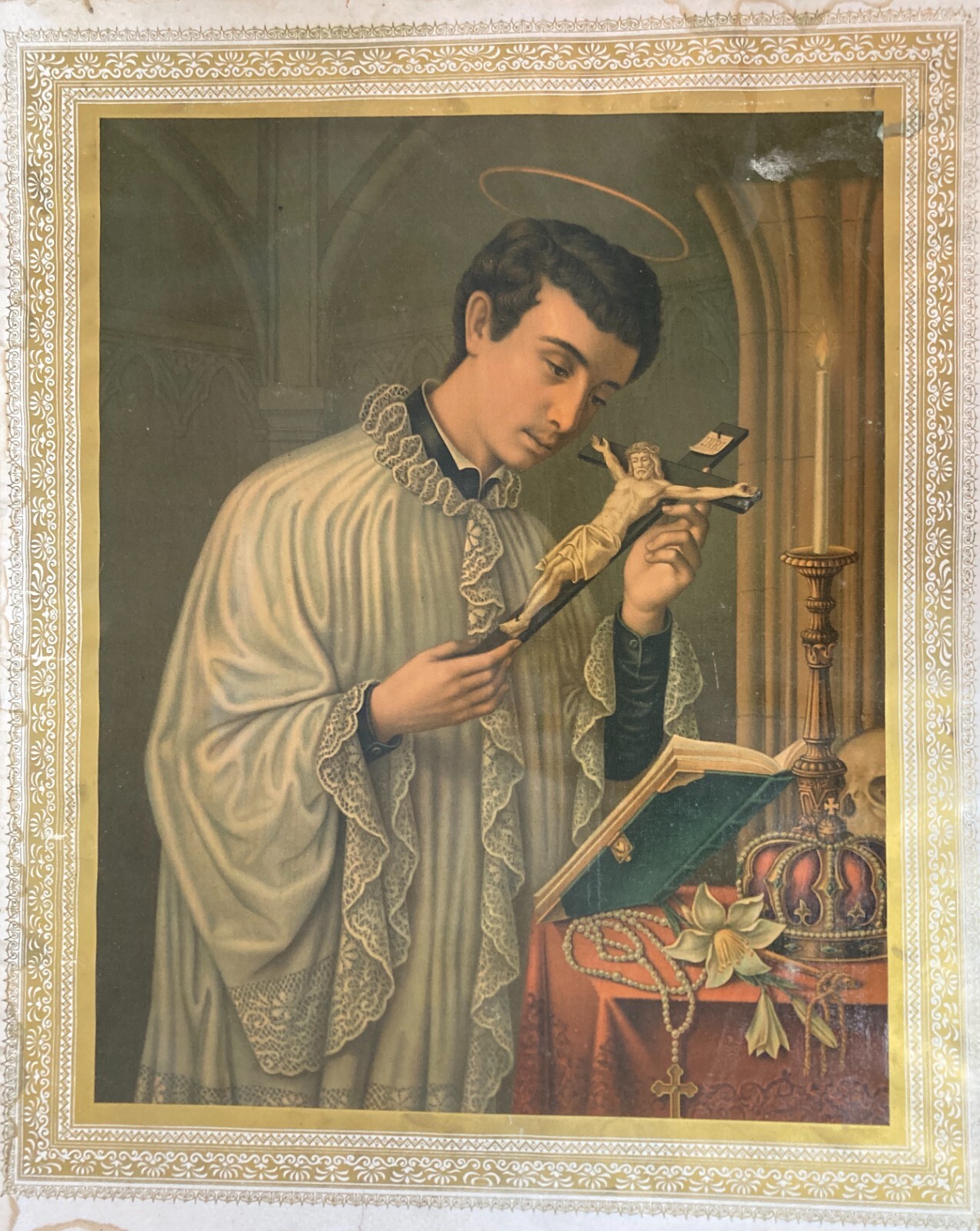 Antica Stampa Devozionale San Luigi Gonzaga Simboli Iconografici