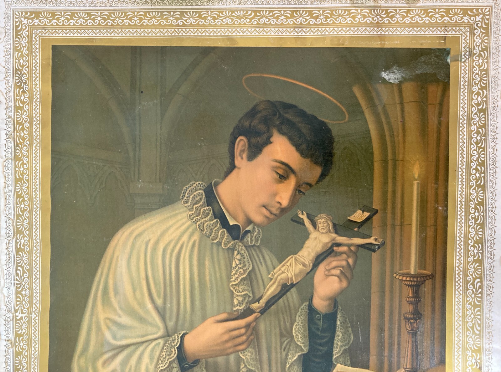 Antica Stampa Devozionale San Luigi Gonzaga Simboli Iconografici