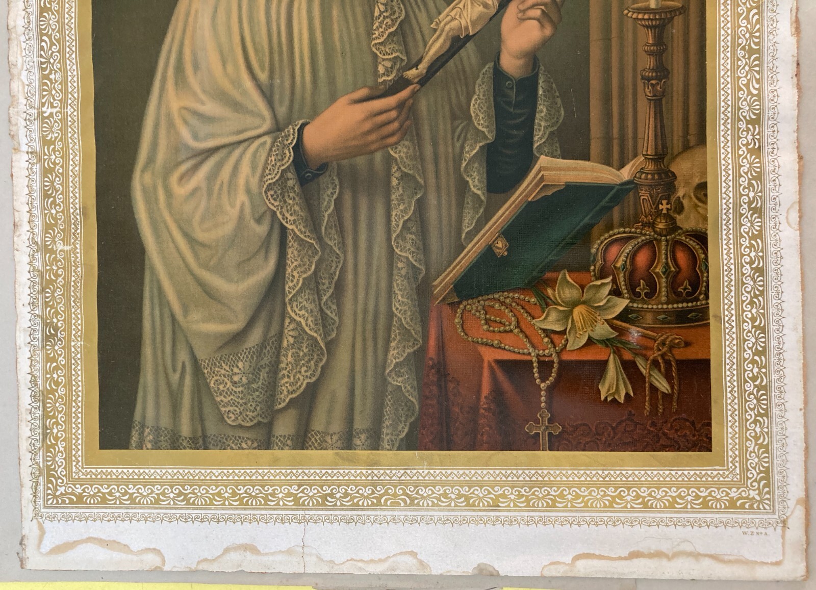 Antica Stampa Devozionale San Luigi Gonzaga Simboli Iconografici