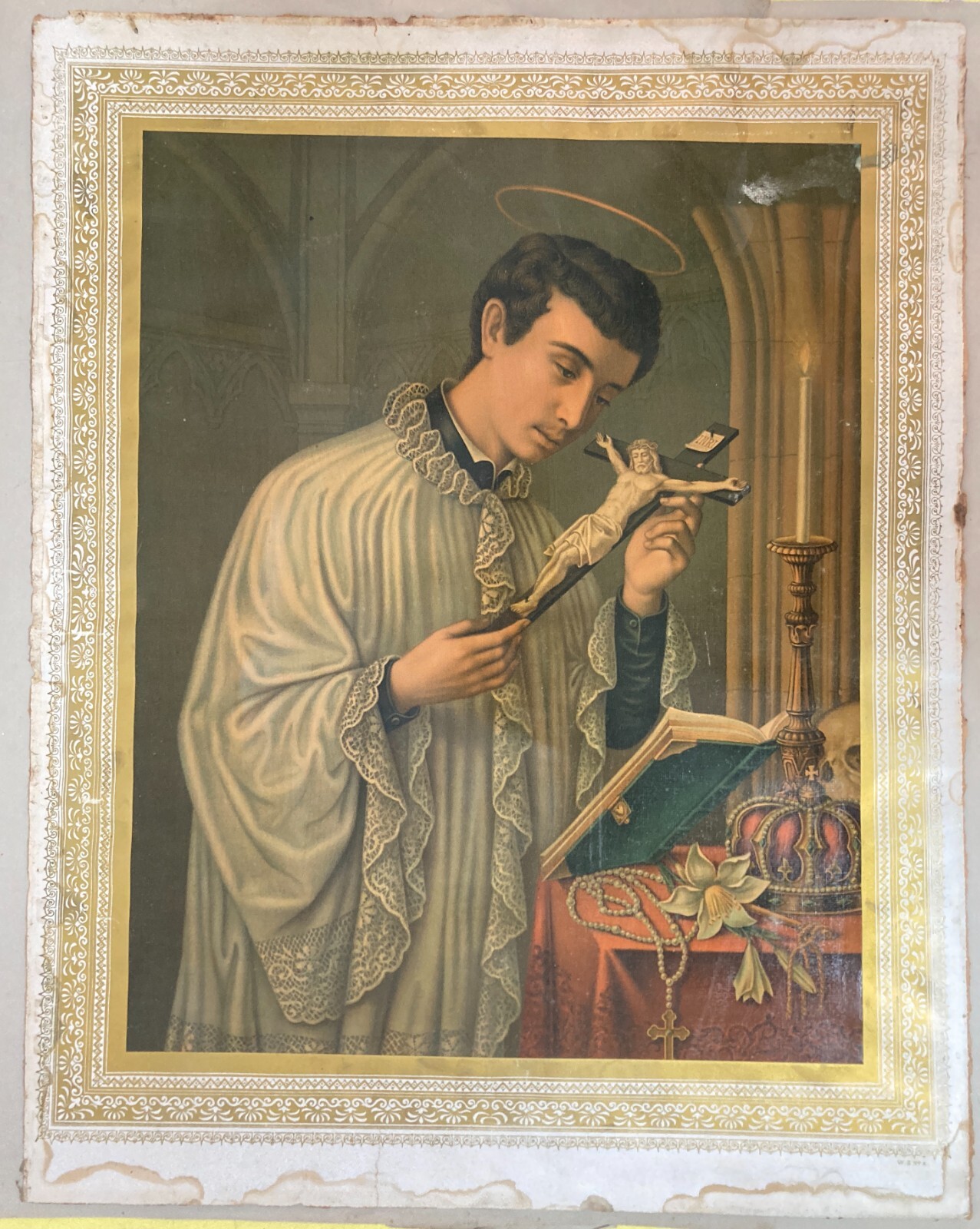 Antica Stampa Devozionale San Luigi Gonzaga Simboli Iconografici