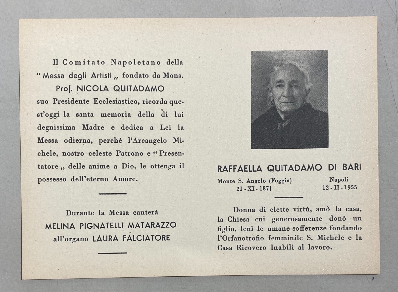Napoli: Comitato Messa Degli Artisti   Quitadamo   Monte Sant'Angelo   San Michele   1955