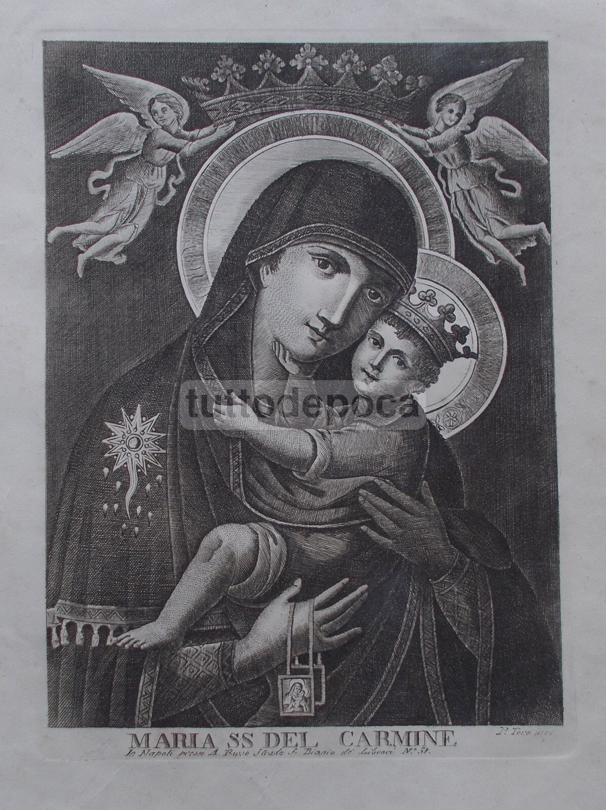 Arte Popolare Devozionale: Madonna Del Carmine. Antica Incisione Di P. Toro E A. Russo