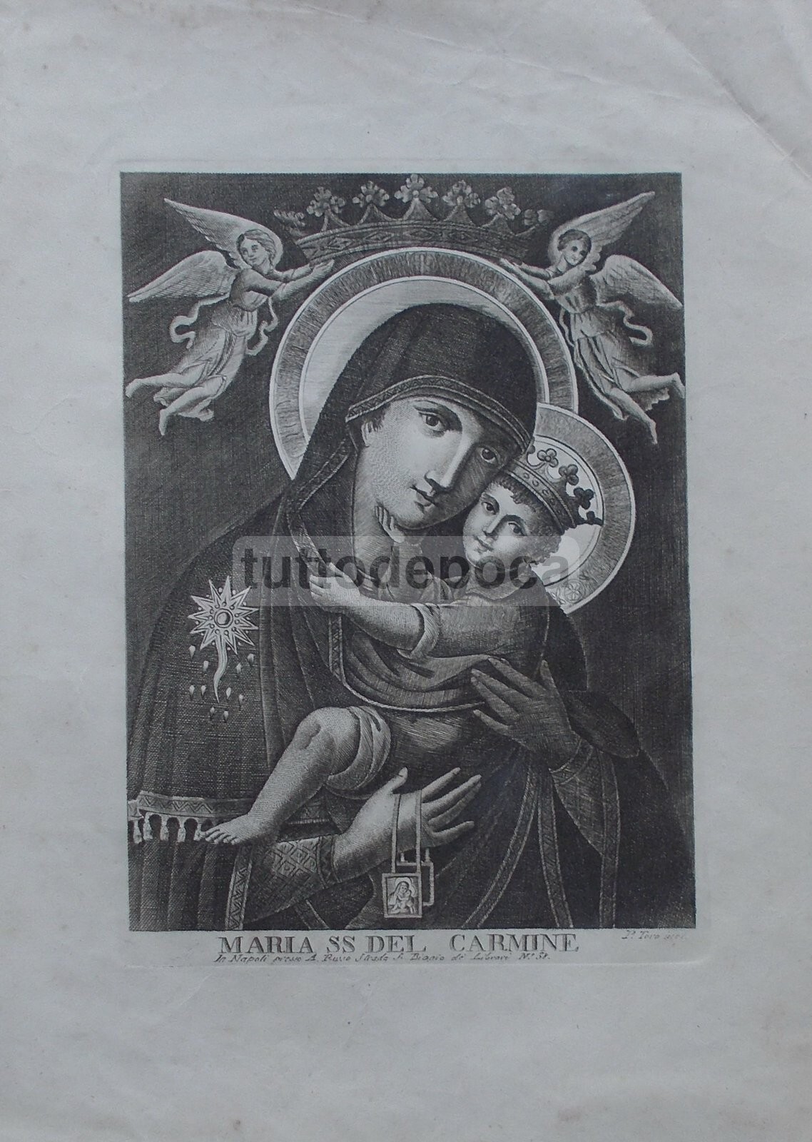 Arte Popolare Devozionale: Madonna Del Carmine. Antica Incisione Di P. Toro E A. Russo
