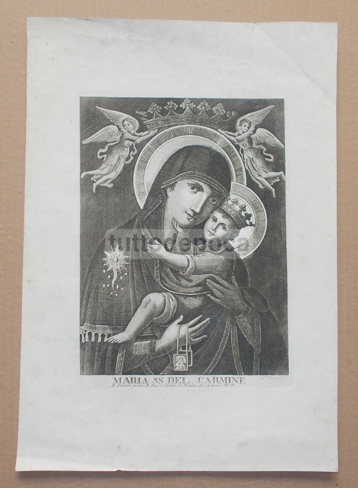 Arte Popolare Devozionale: Madonna Del Carmine. Antica Incisione Di P. Toro E A. Russo